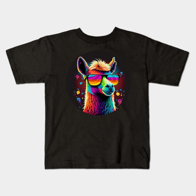 Groovy Llama Rocking Colorful Glasses Kids T-Shirt by ceemyvision